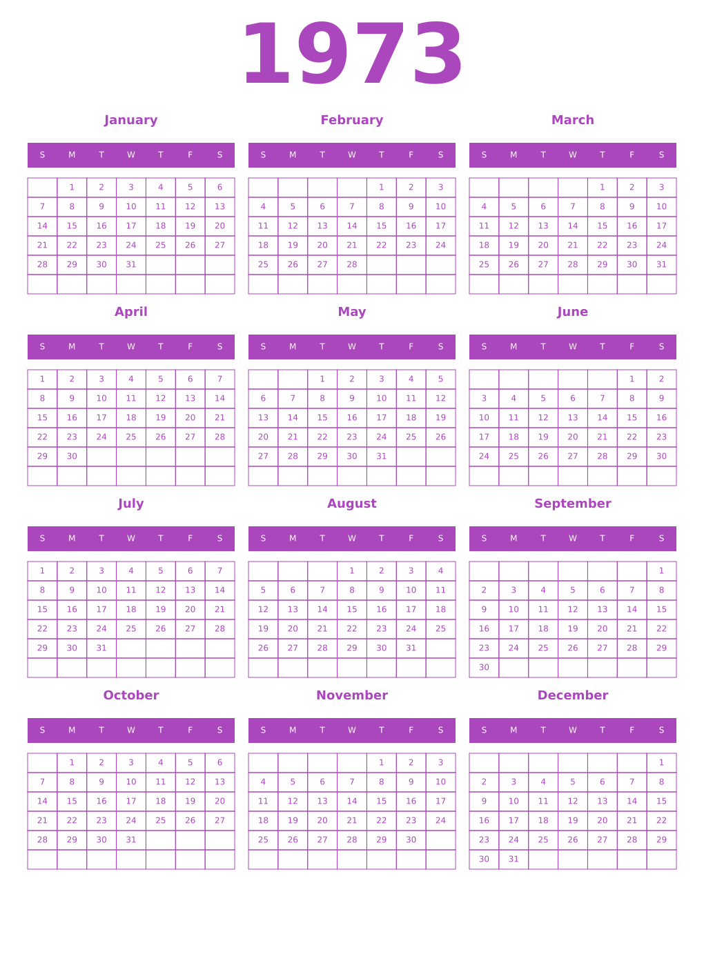 Printable 1973 Year Calendars purple