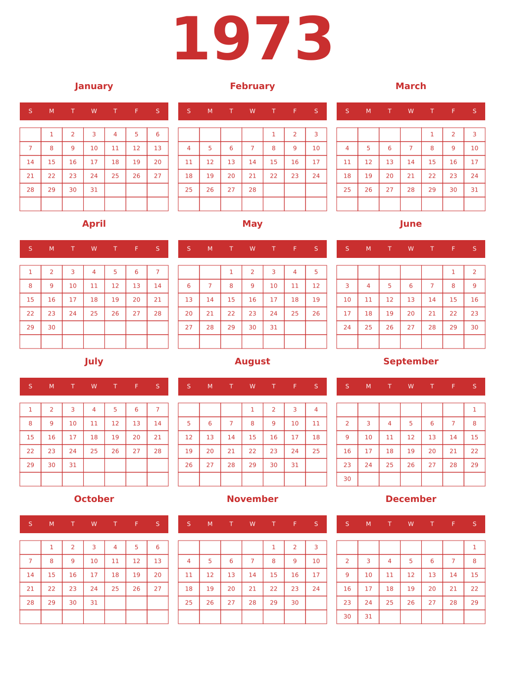 Printable 1973 Year Calendars red