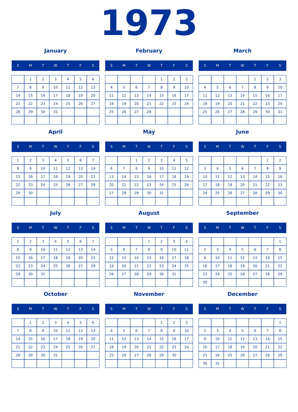 Printable 1973 Year Calendars smalt