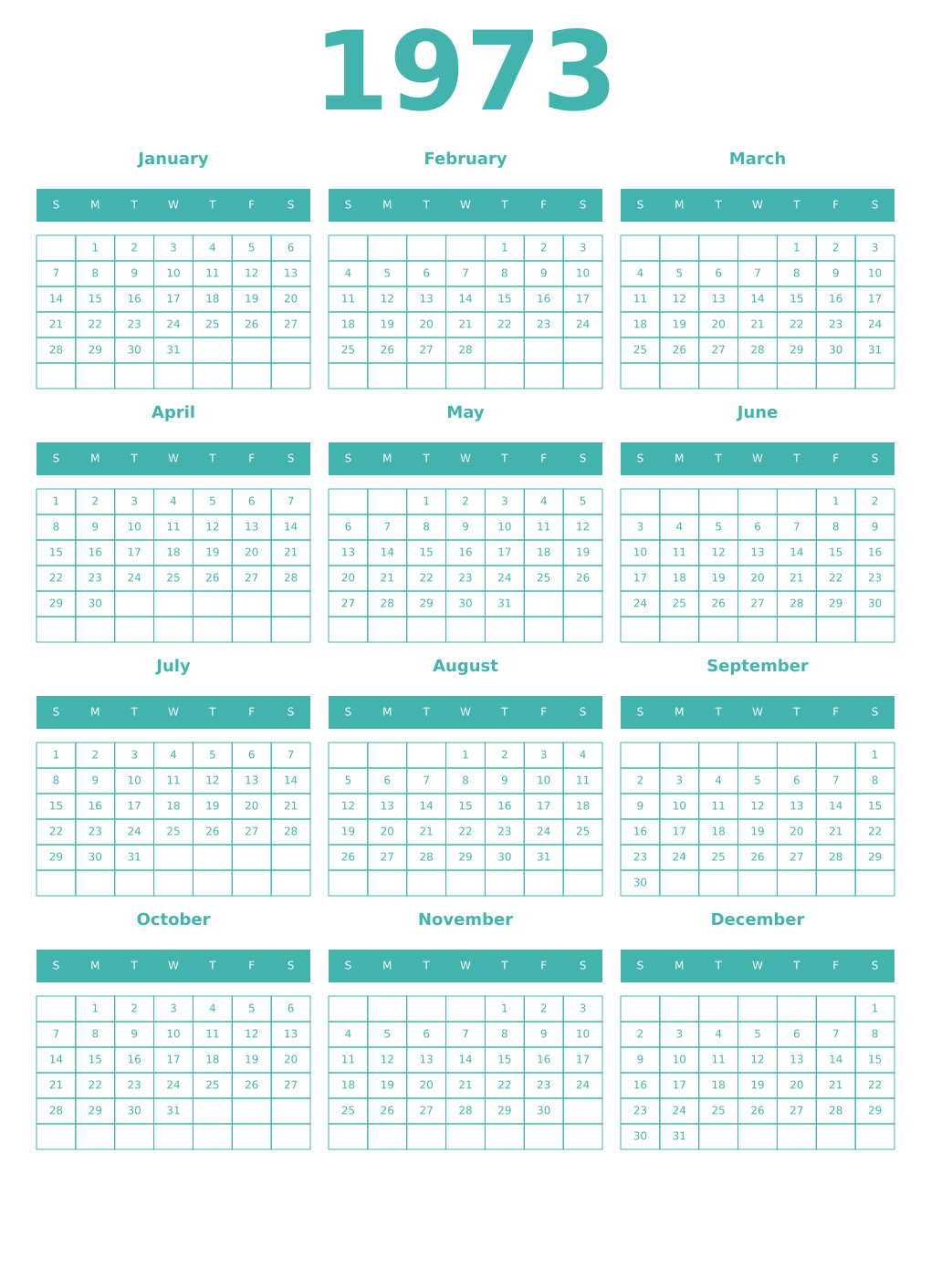 Printable 1973 Year Calendars verdigris