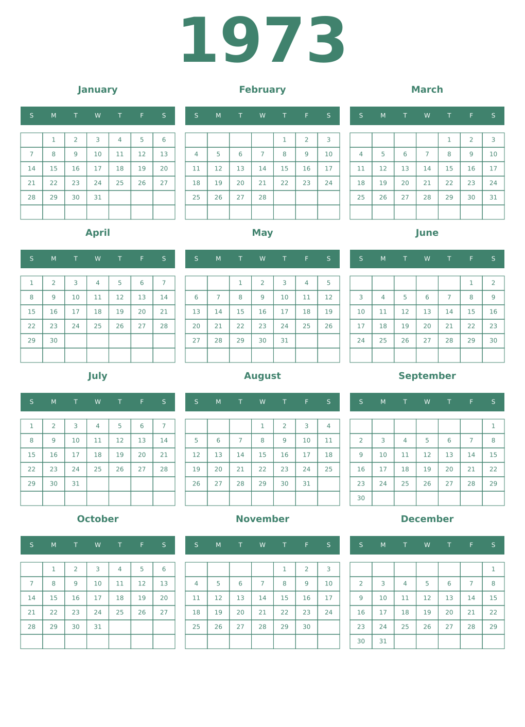 Printable 1973 Year Calendars viridian