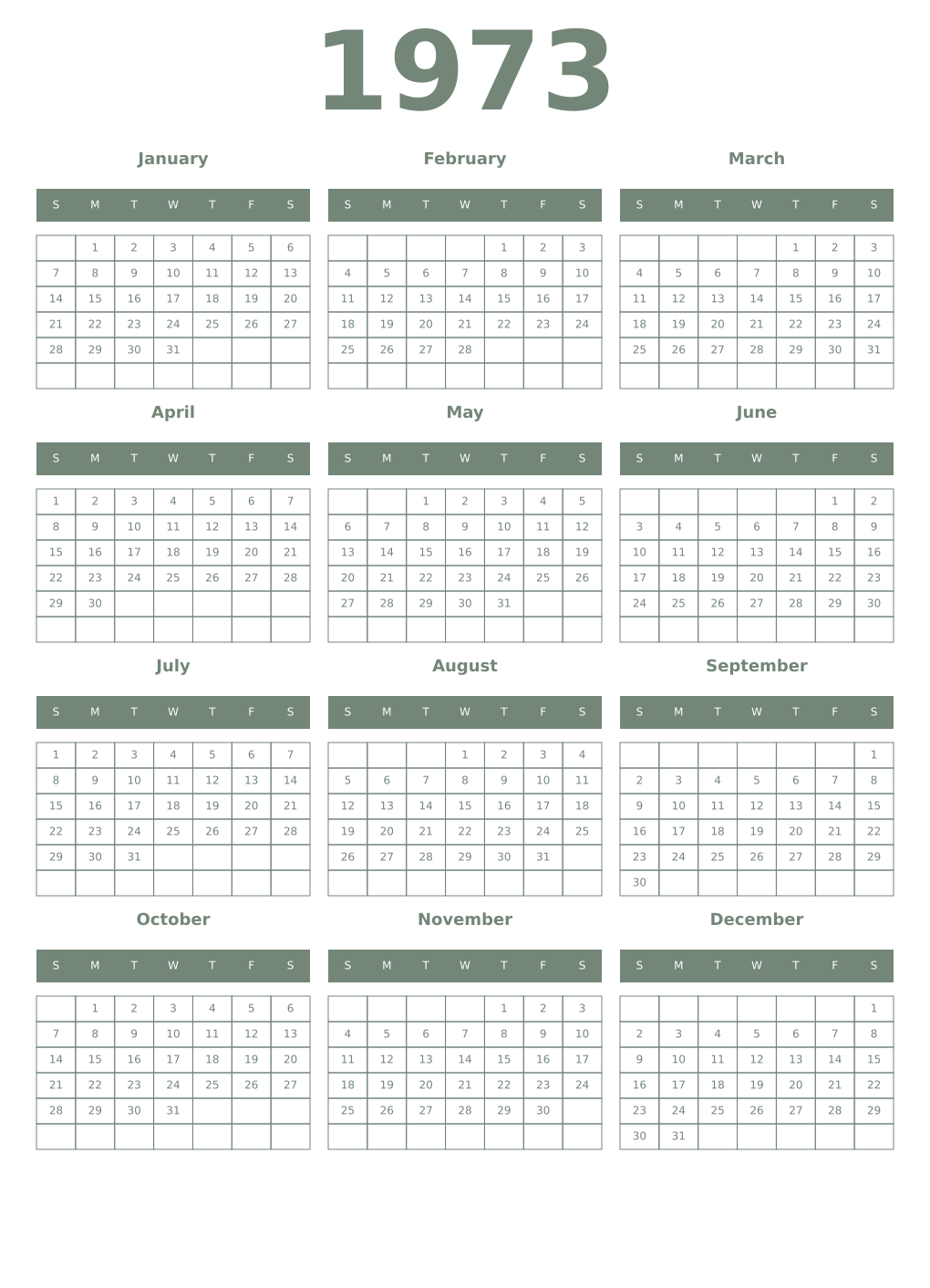 Printable 1973 Year Calendars xanadu