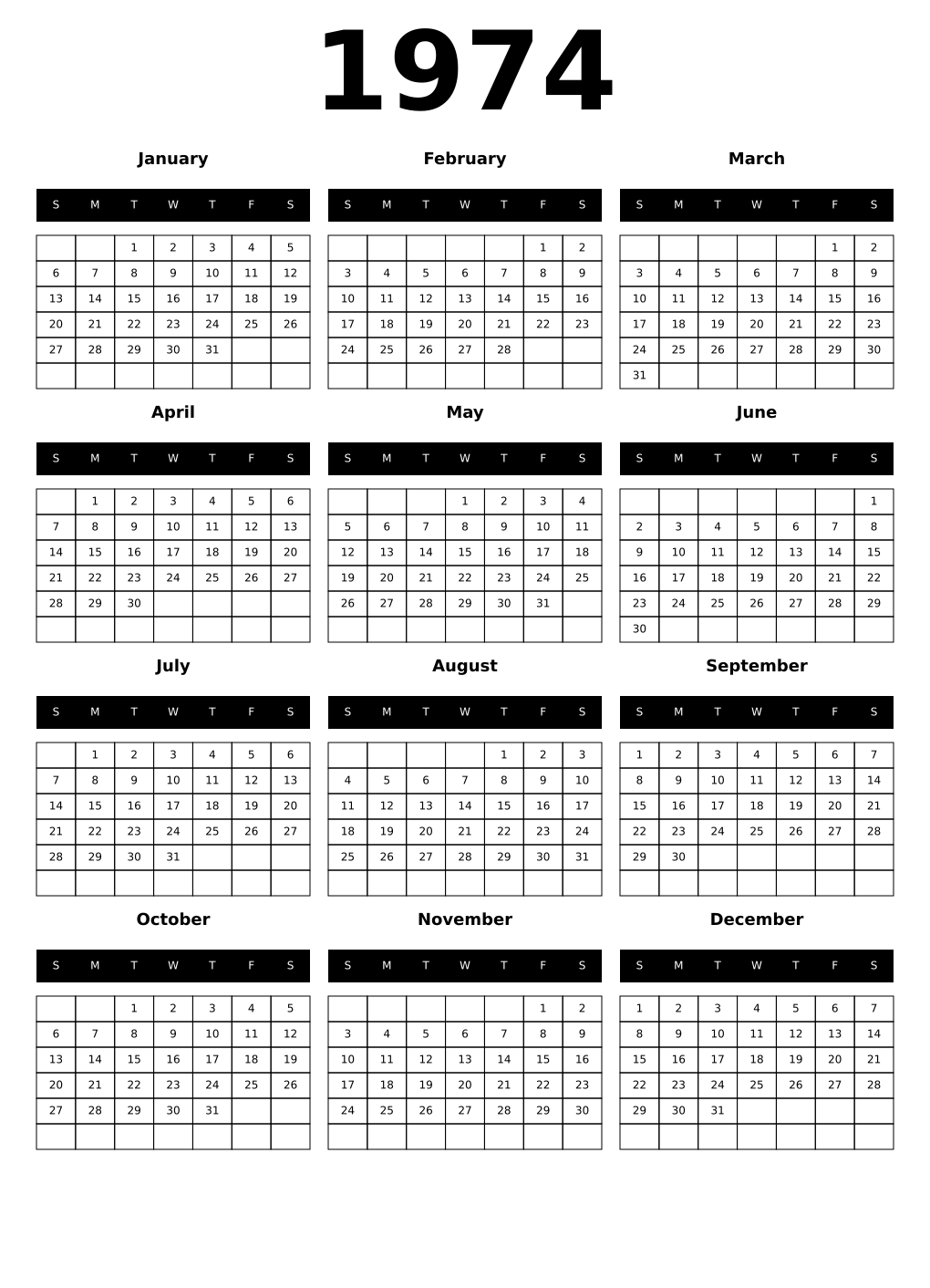 Printable 1974 Year Calendars black