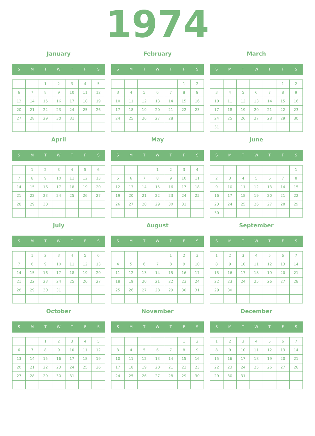 Printable 1974 Year Calendars celadon