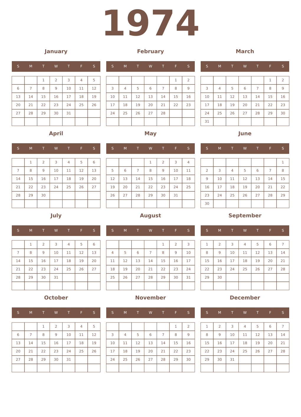 Printable 1974 Year Calendars coffe