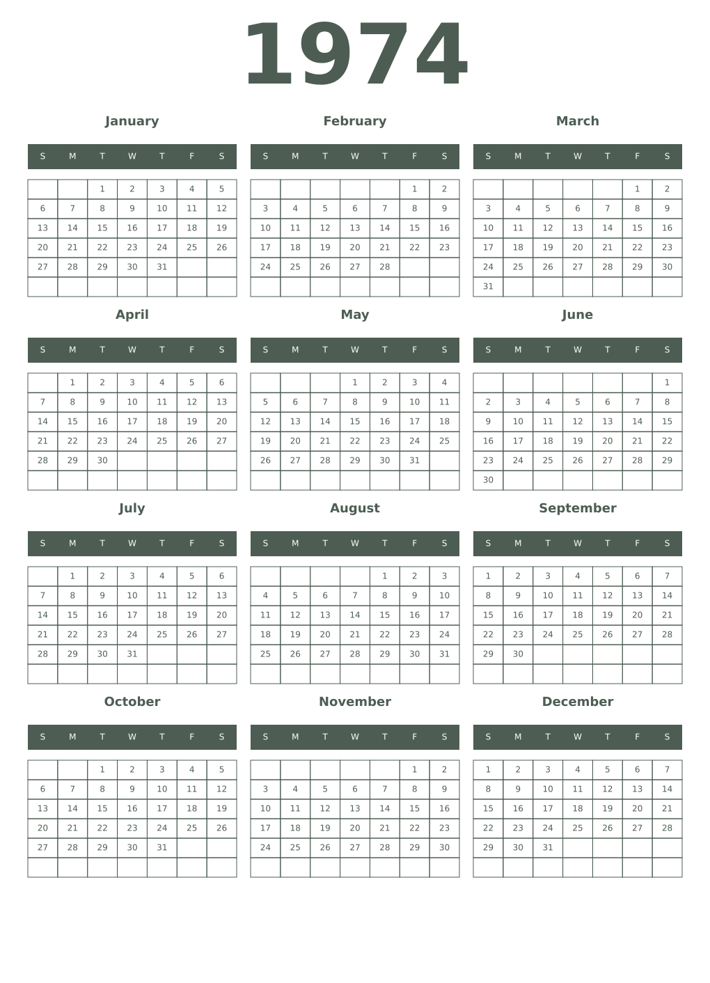 Printable 1974 Year Calendars feldgrau