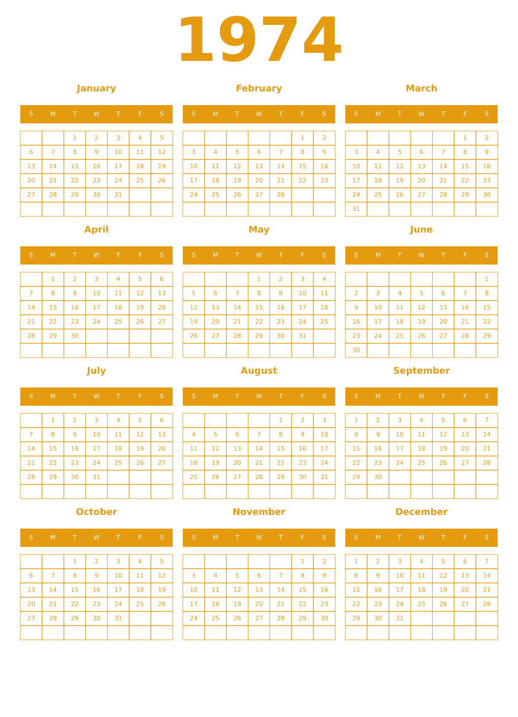 Printable 1974 Year Calendars gamboge
