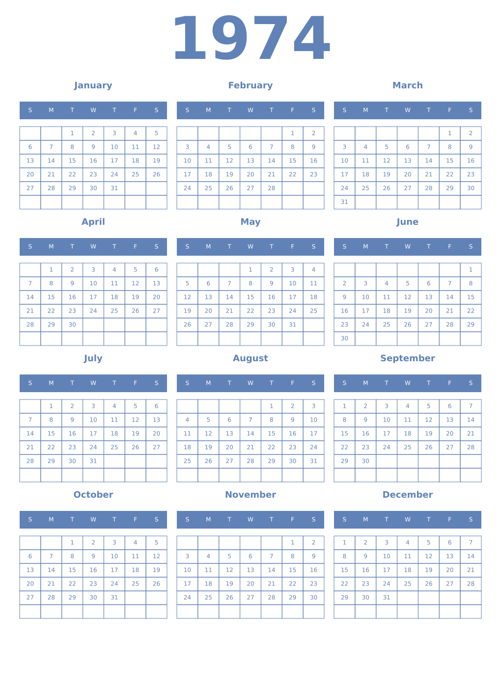Printable 1974 Year Calendars glaucous