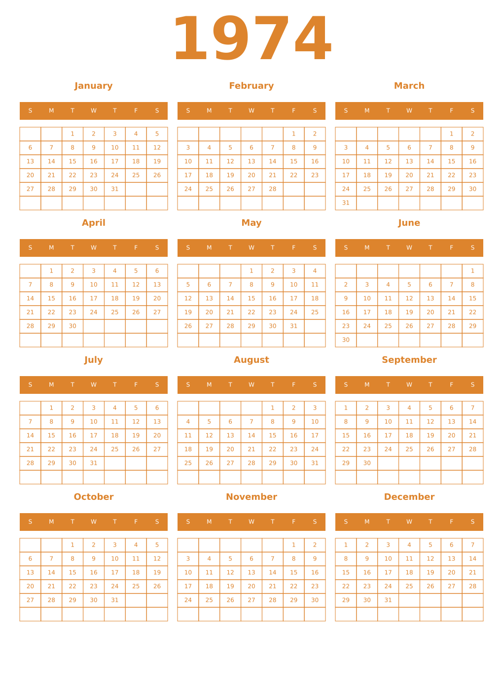Printable 1974 Year Calendars orange