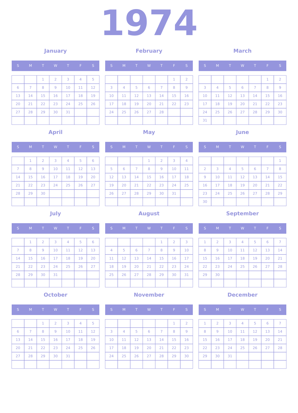 Printable 1974 Year Calendars periwinkle
