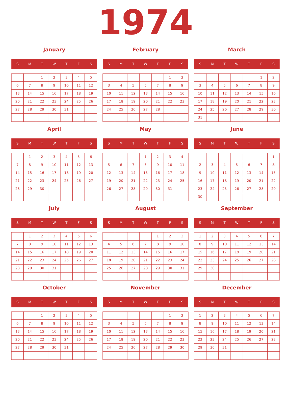 Printable 1974 Year Calendars red
