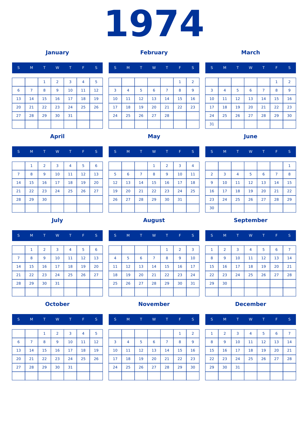 Printable 1974 Year Calendars smalt