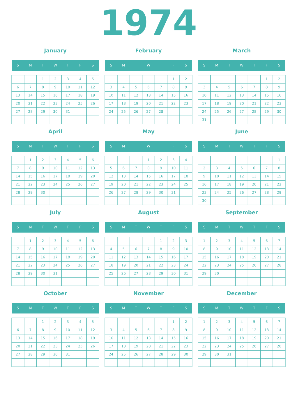 Printable 1974 Year Calendars verdigris