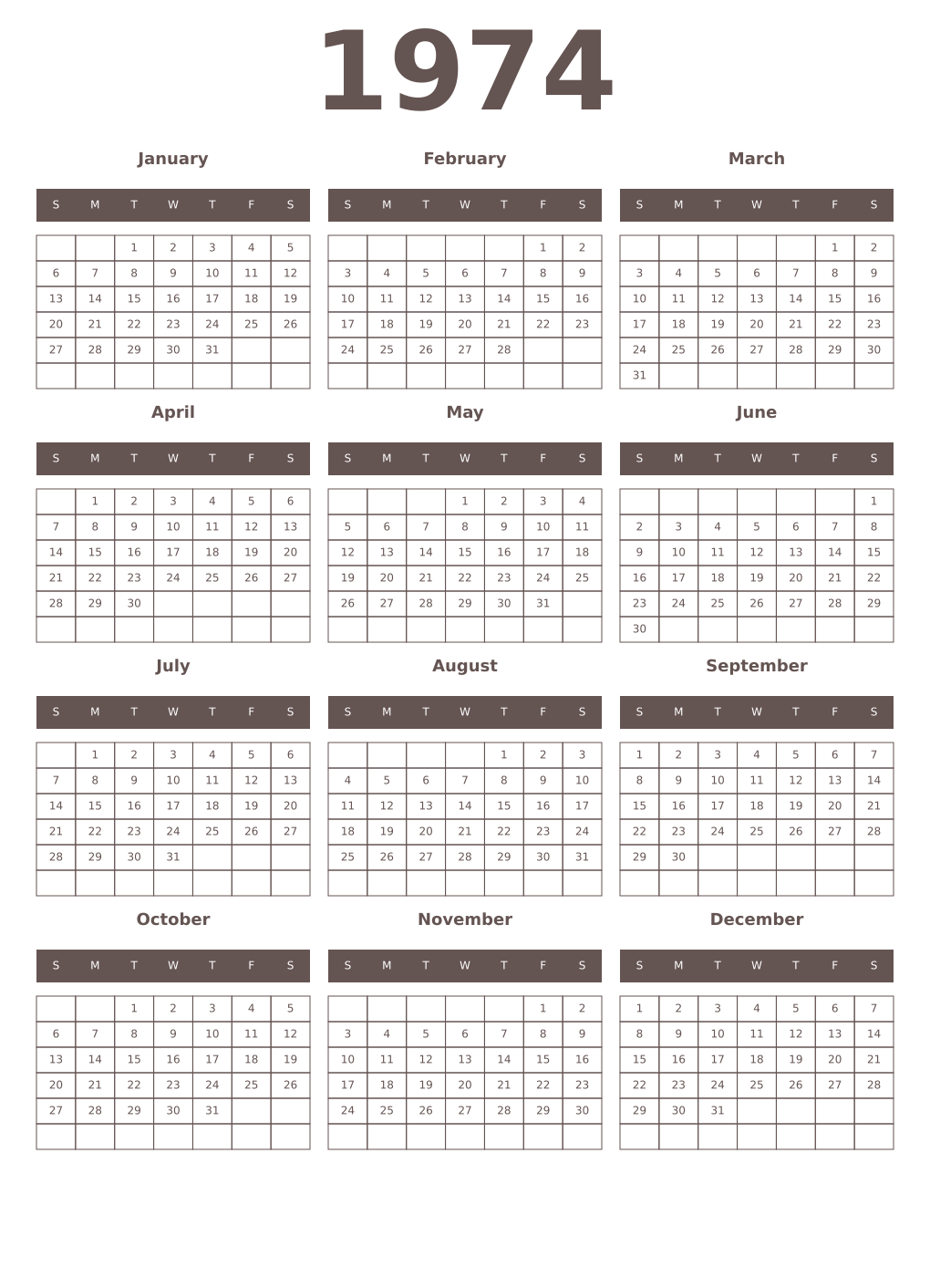 Printable 1974 Year Calendars wenge