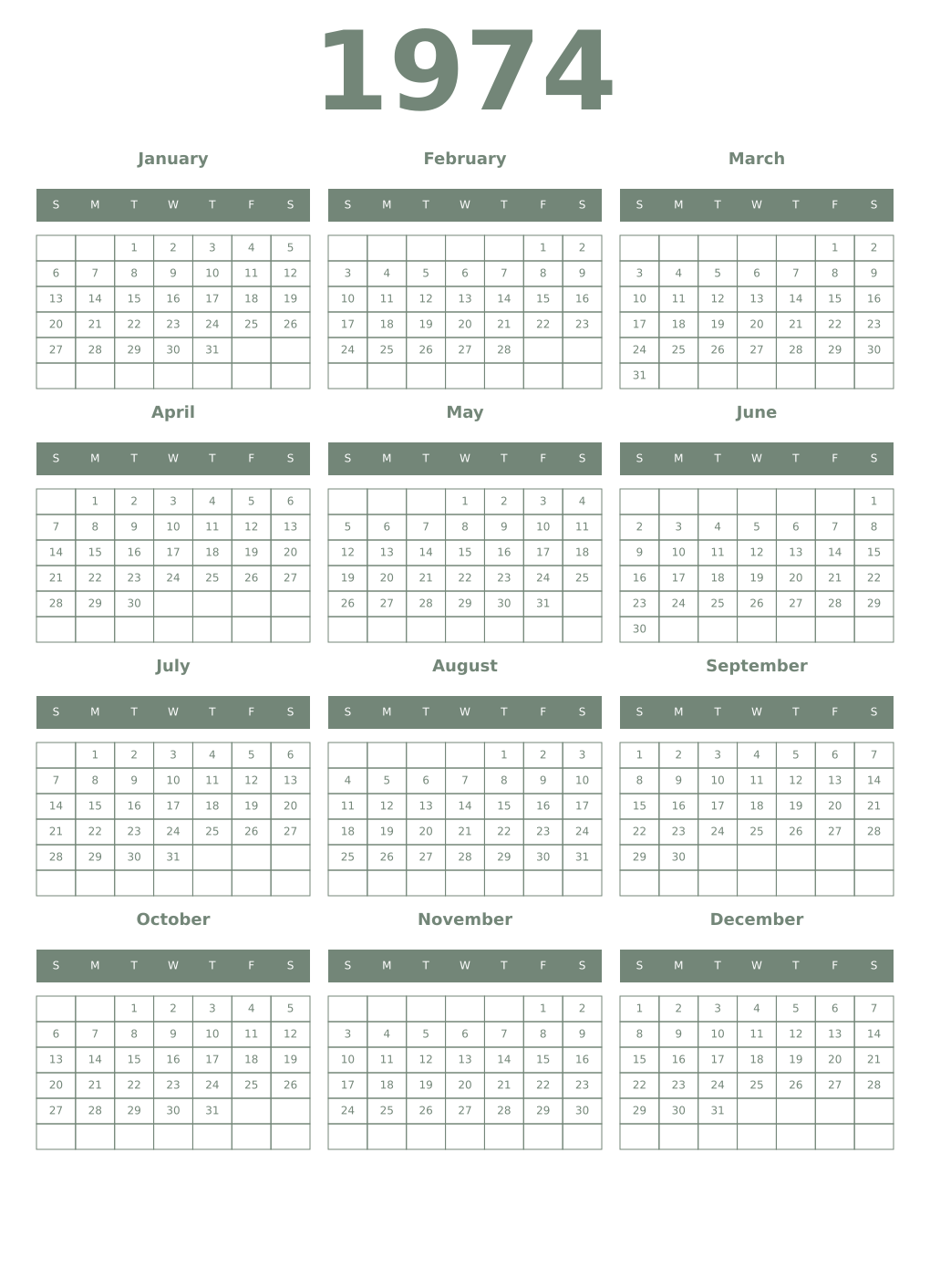 Printable 1974 Year Calendars xanadu