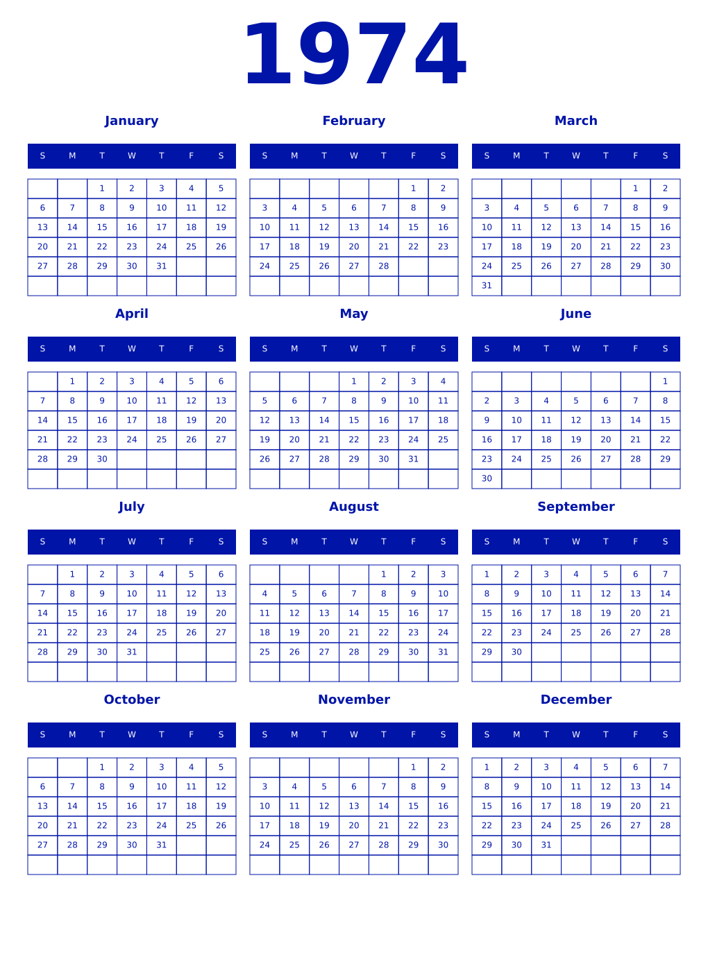 Printable 1974 Year Calendars zaffre