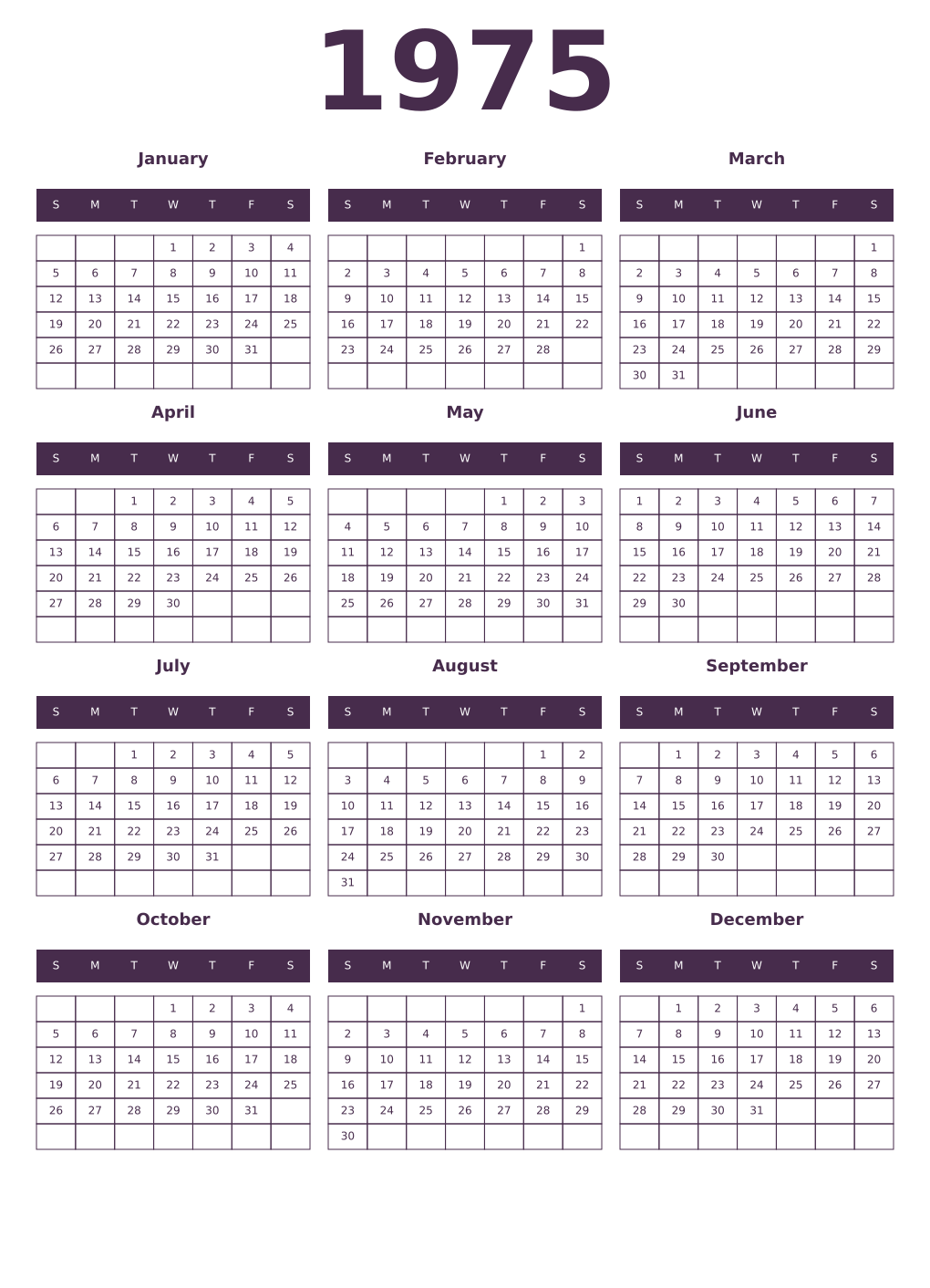 Printable 1975 Year Calendars aubergine