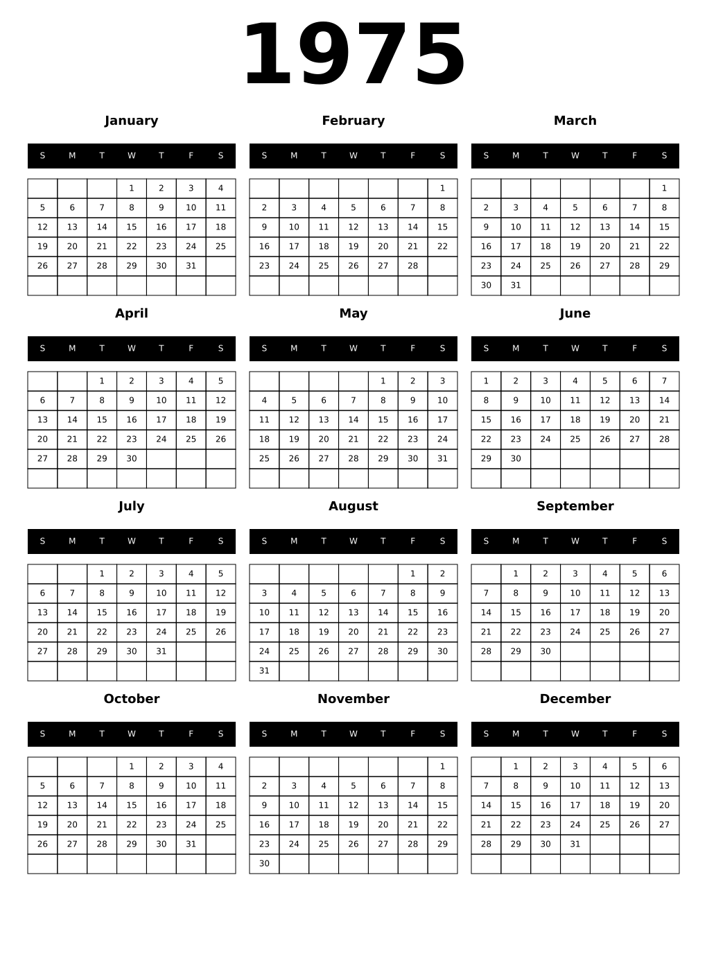 Printable 1975 Year Calendars black