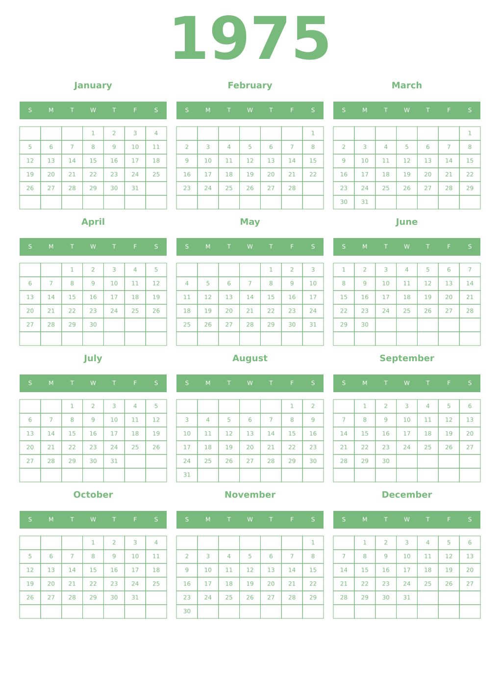 Printable 1975 Year Calendars celadon