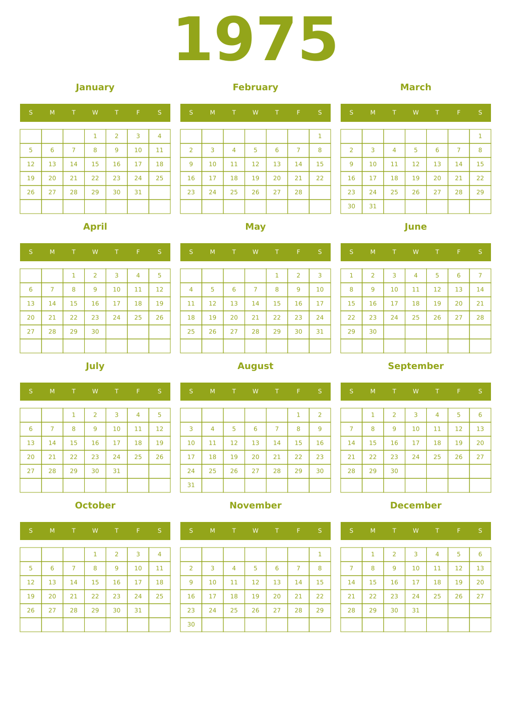 Printable 1975 Year Calendars chartreuse