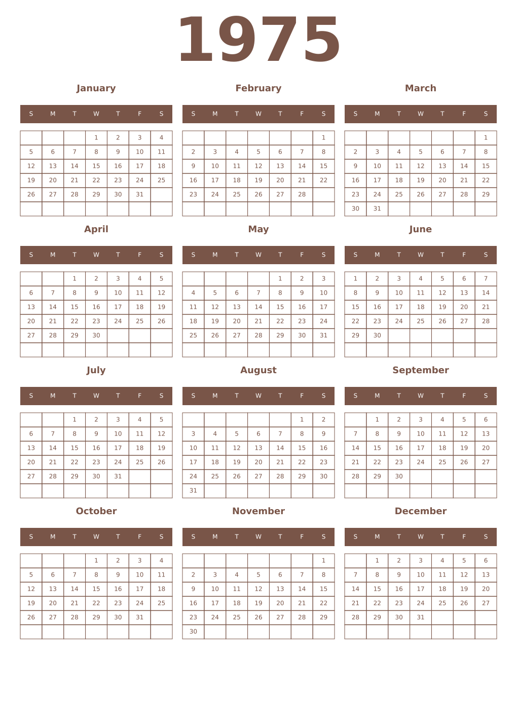 Printable 1975 Year Calendars coffe