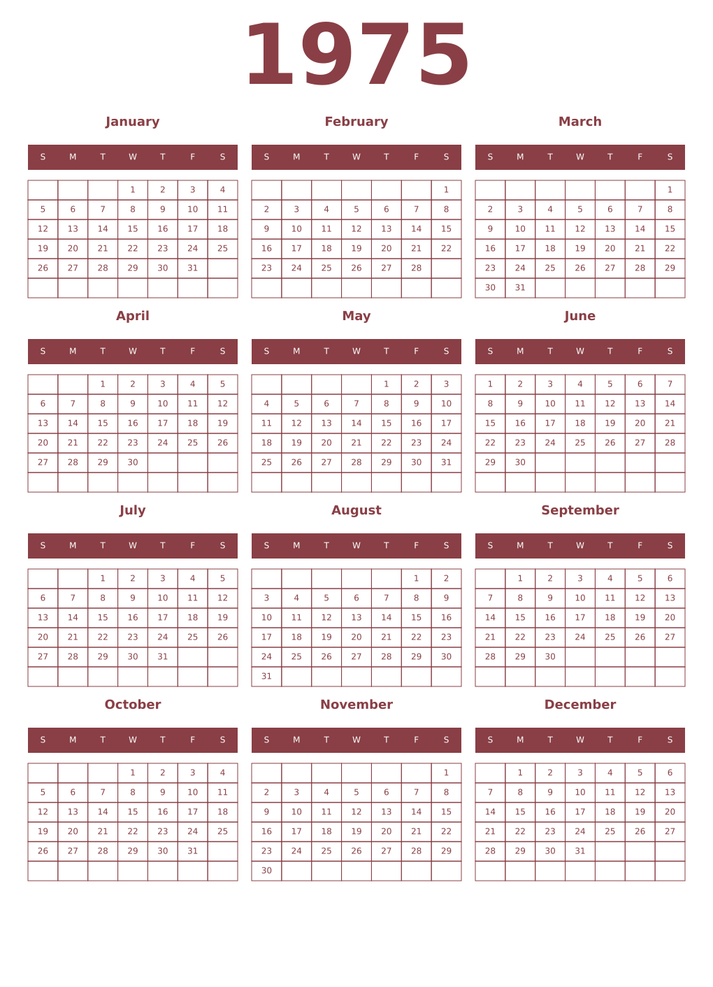 Printable 1975 Year Calendars cordovan