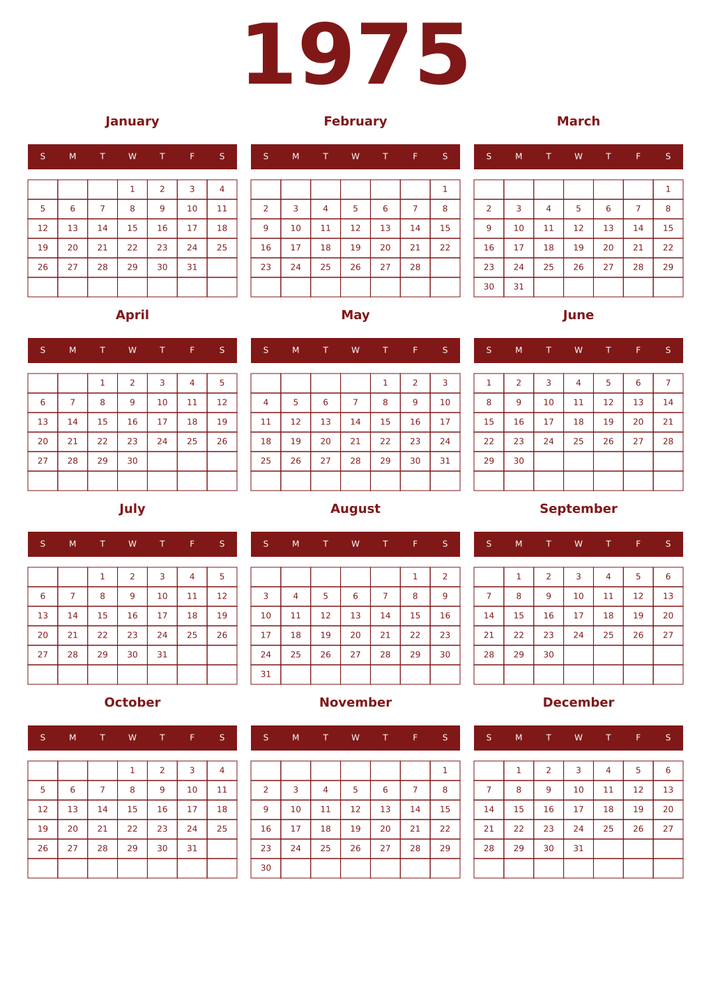 Printable 1975 Year Calendars falu