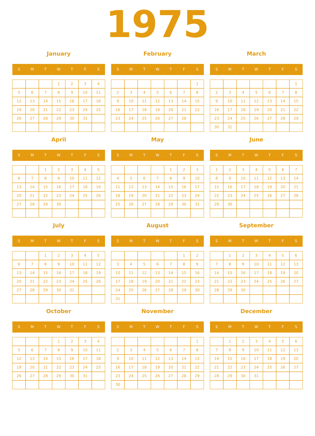 Printable 1975 Year Calendars gamboge