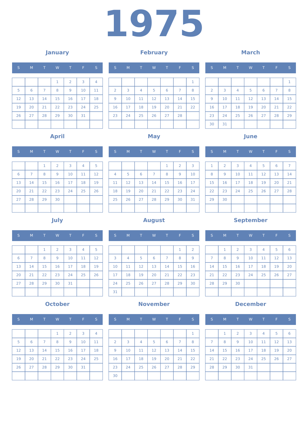 Printable 1975 Year Calendars glaucous
