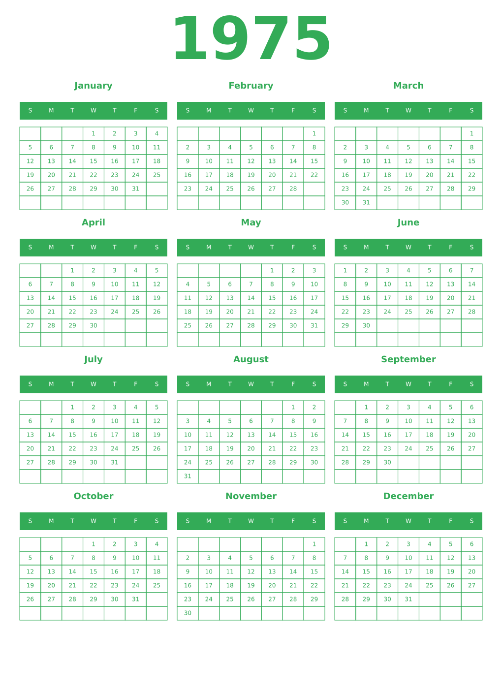 Printable 1975 Year Calendars green