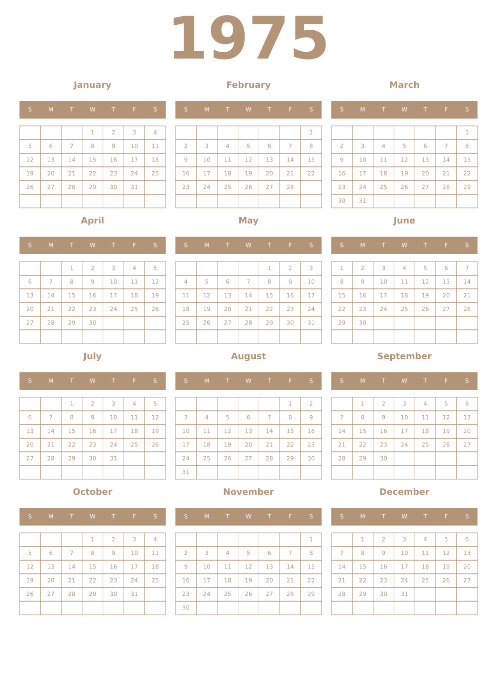 Printable 1975 Year Calendars isabelline