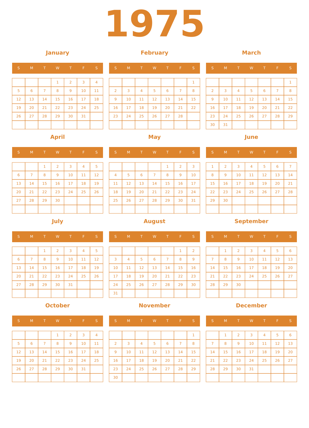 Printable 1975 Year Calendars orange