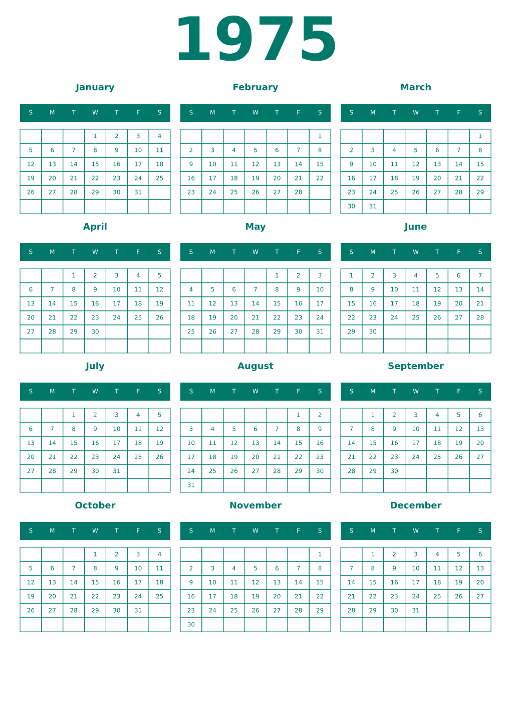 Printable 1975 Year Calendars pastel