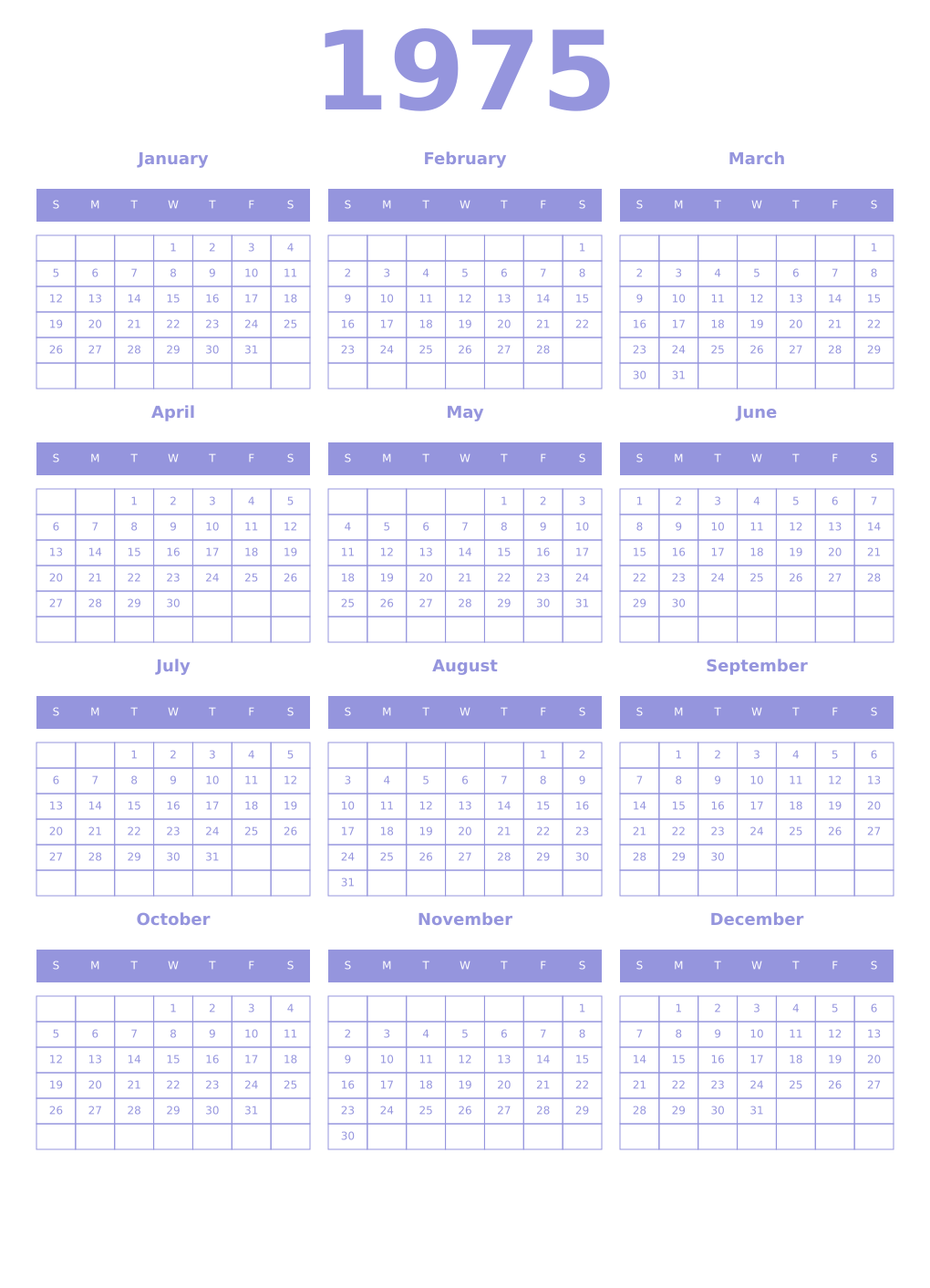 Printable 1975 Year Calendars periwinkle