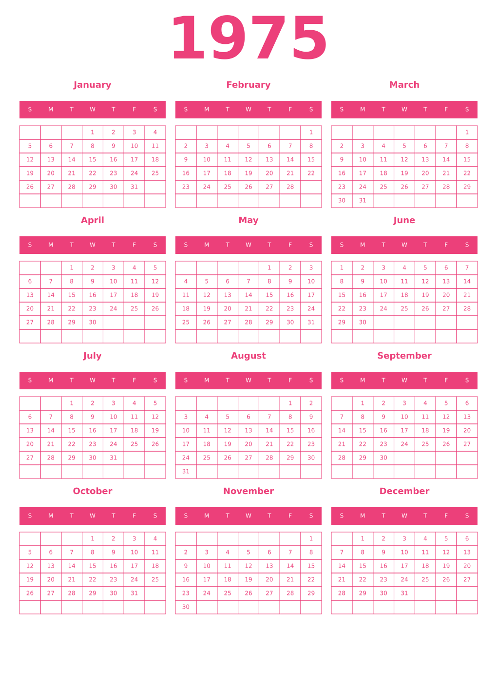 Printable 1975 Year Calendars pink