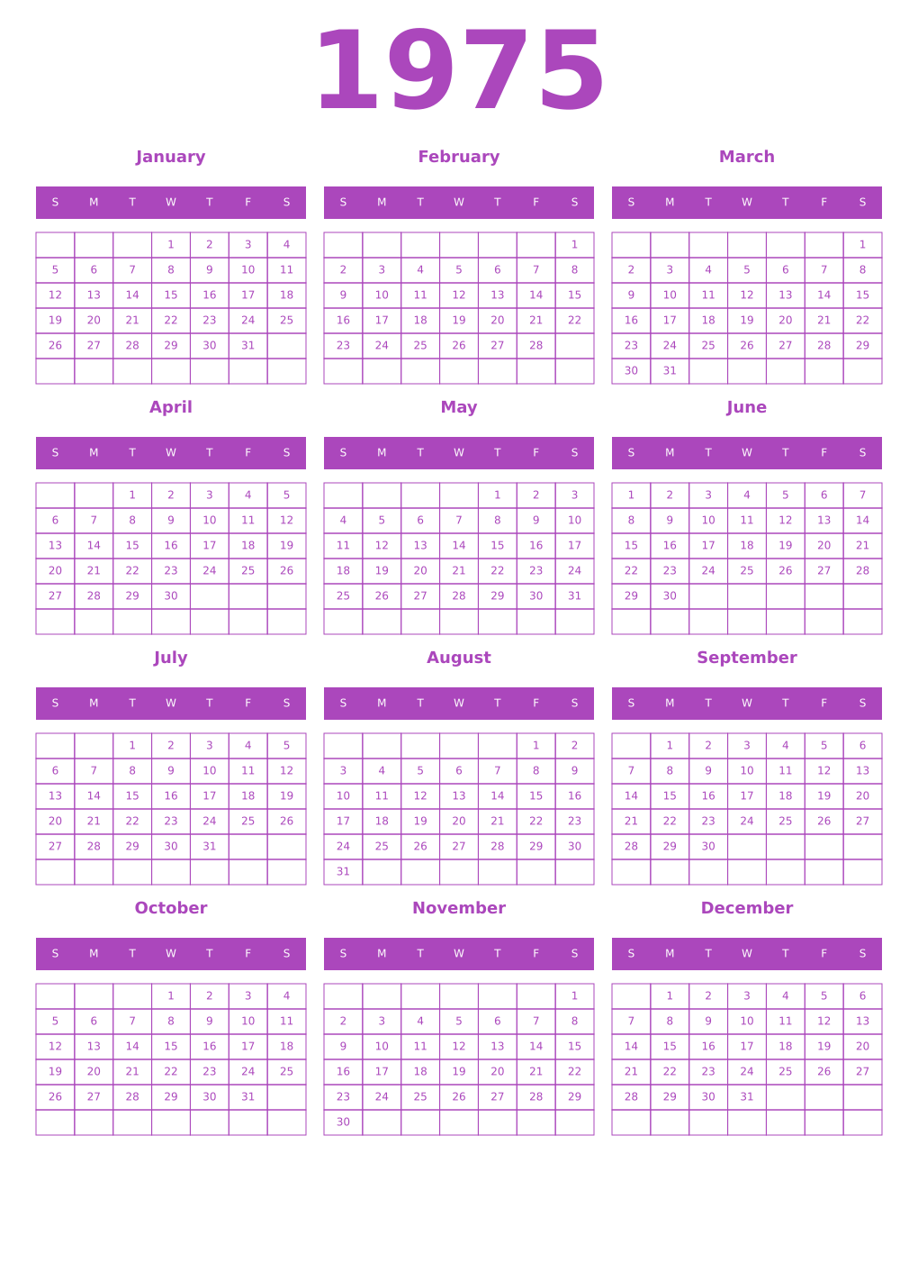 Printable 1975 Year Calendars purple