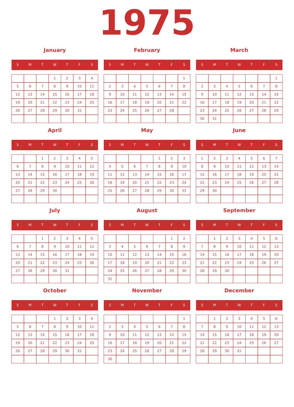 Printable 1975 Year Calendars red