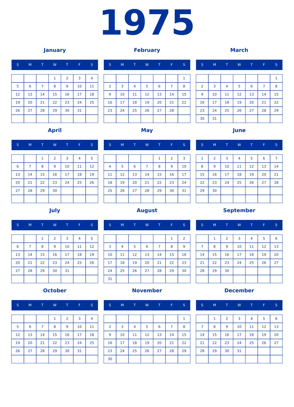 Printable 1975 Year Calendars smalt