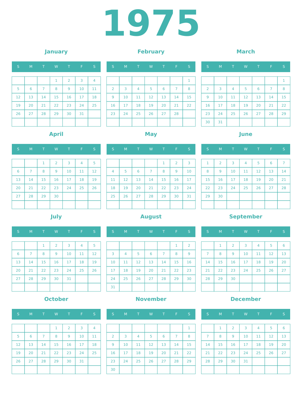 Printable 1975 Year Calendars verdigris