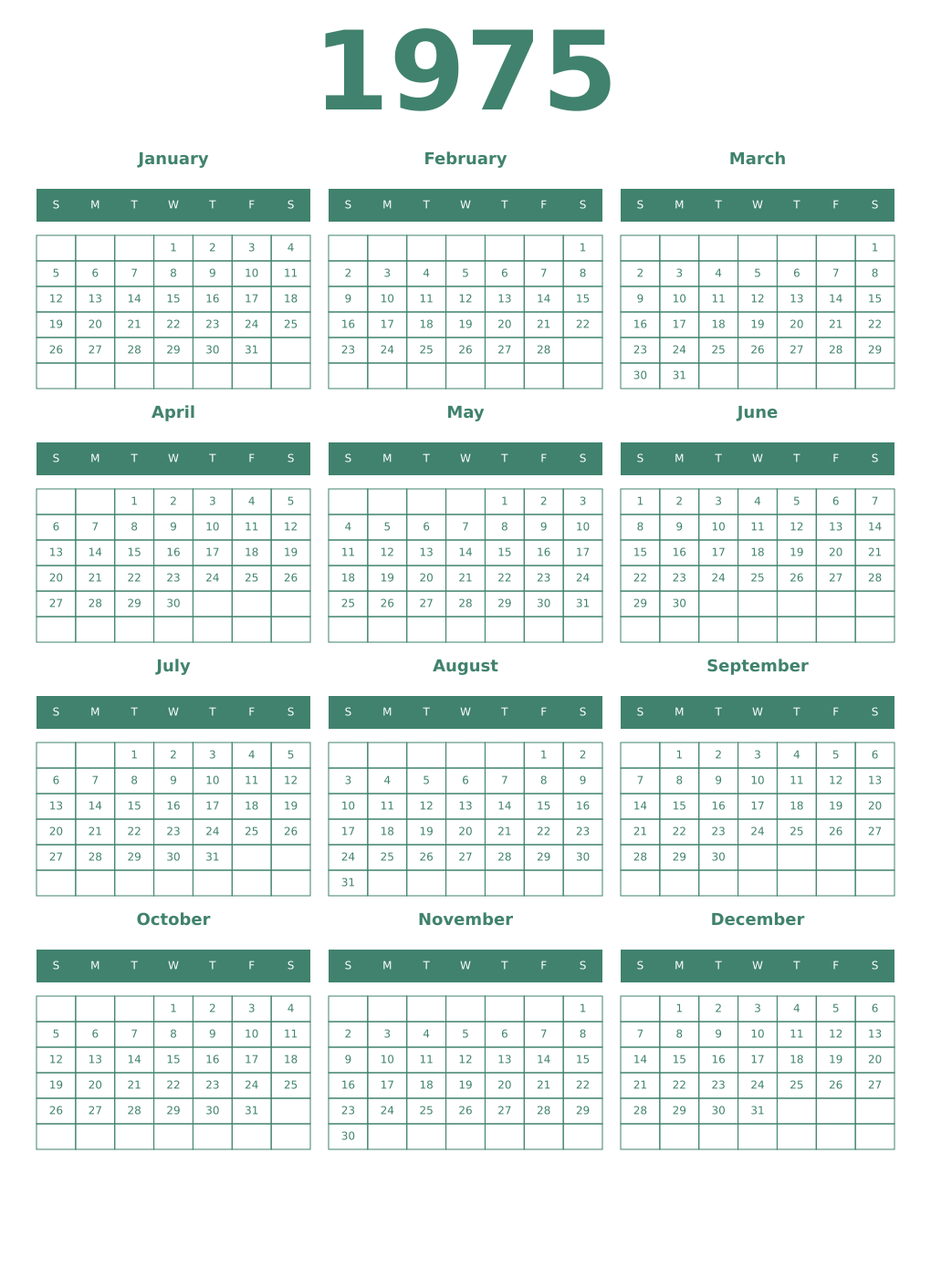 Printable 1975 Year Calendars viridian