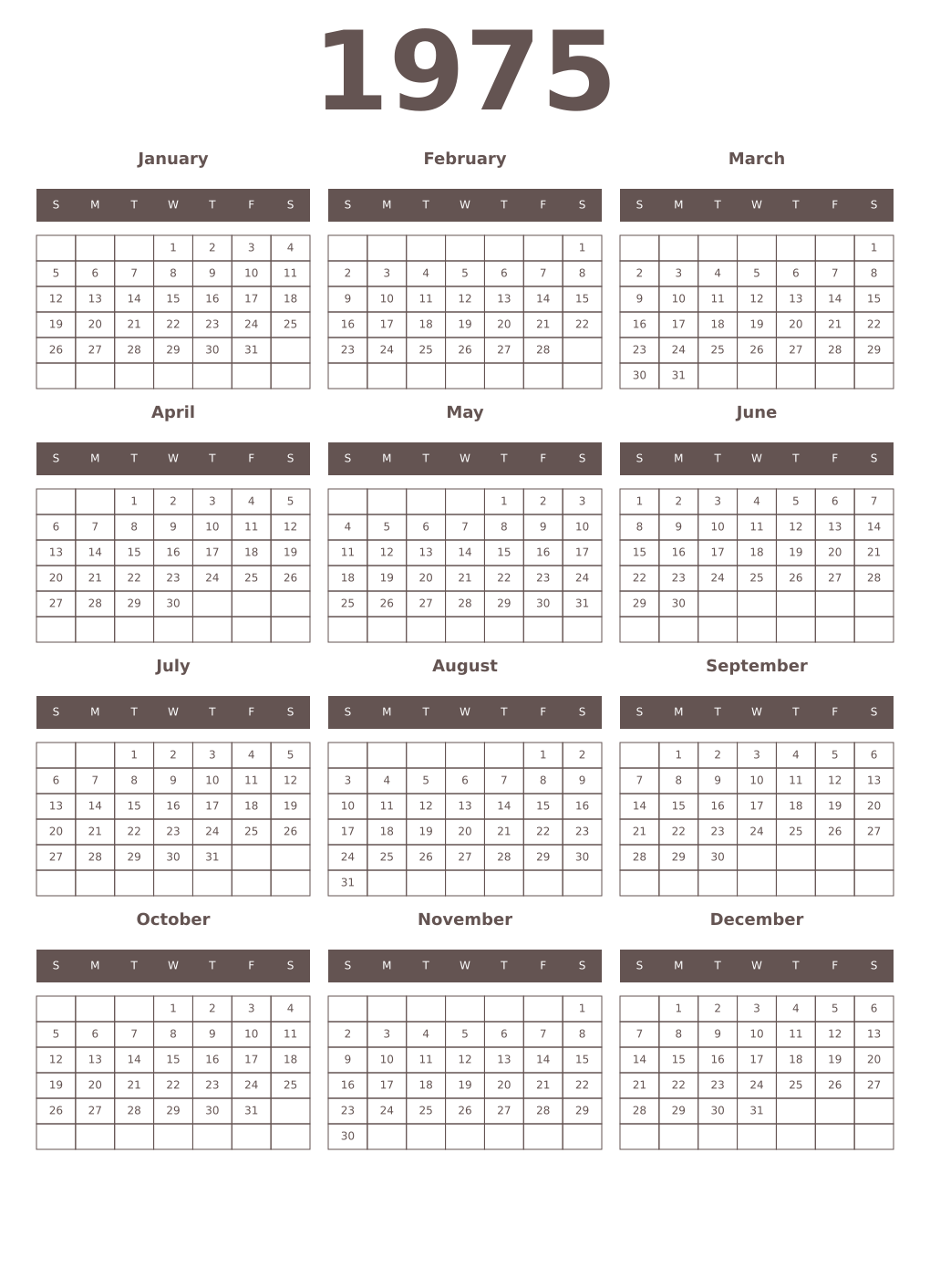 Printable 1975 Year Calendars wenge