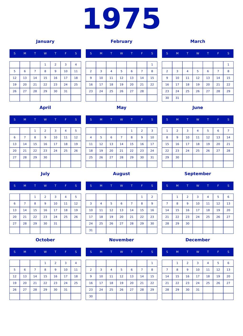 Printable 1975 Year Calendars zaffre