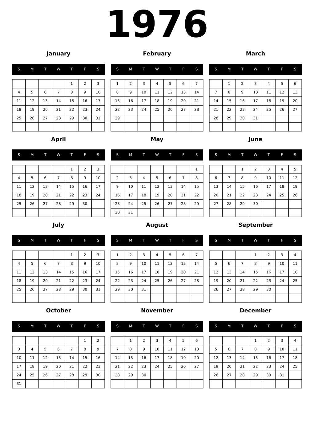Printable 1976 Year Calendars black