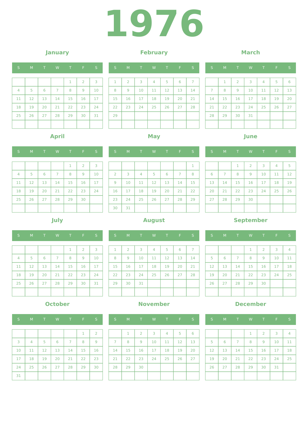 Printable 1976 Year Calendars celadon