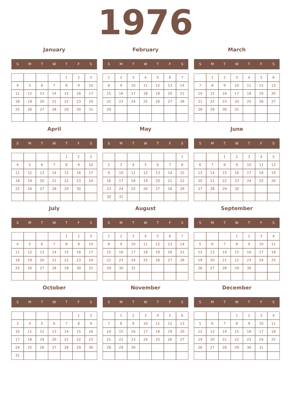 Printable 1976 Year Calendars coffe
