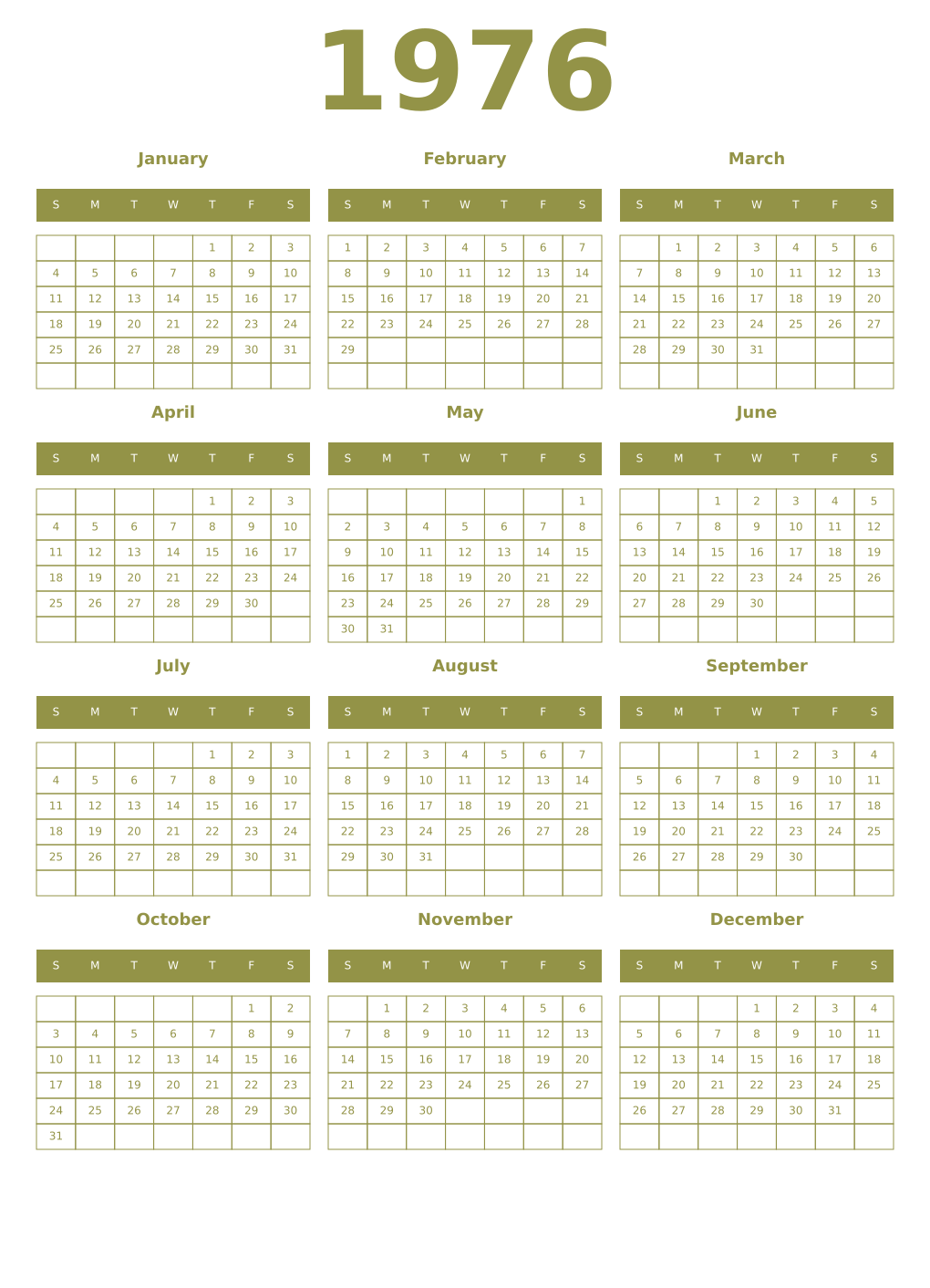 Printable 1976 Year Calendars eburnean