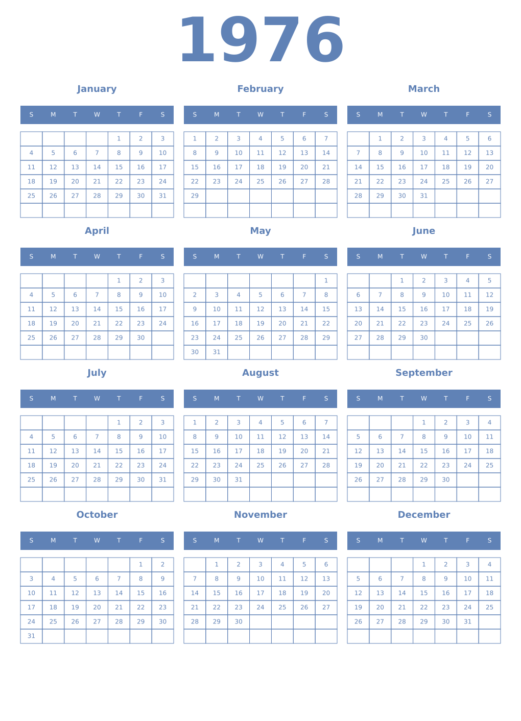 Printable 1976 Year Calendars glaucous