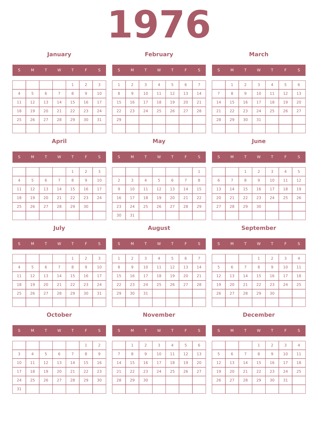 Printable 1976 Year Calendars puce