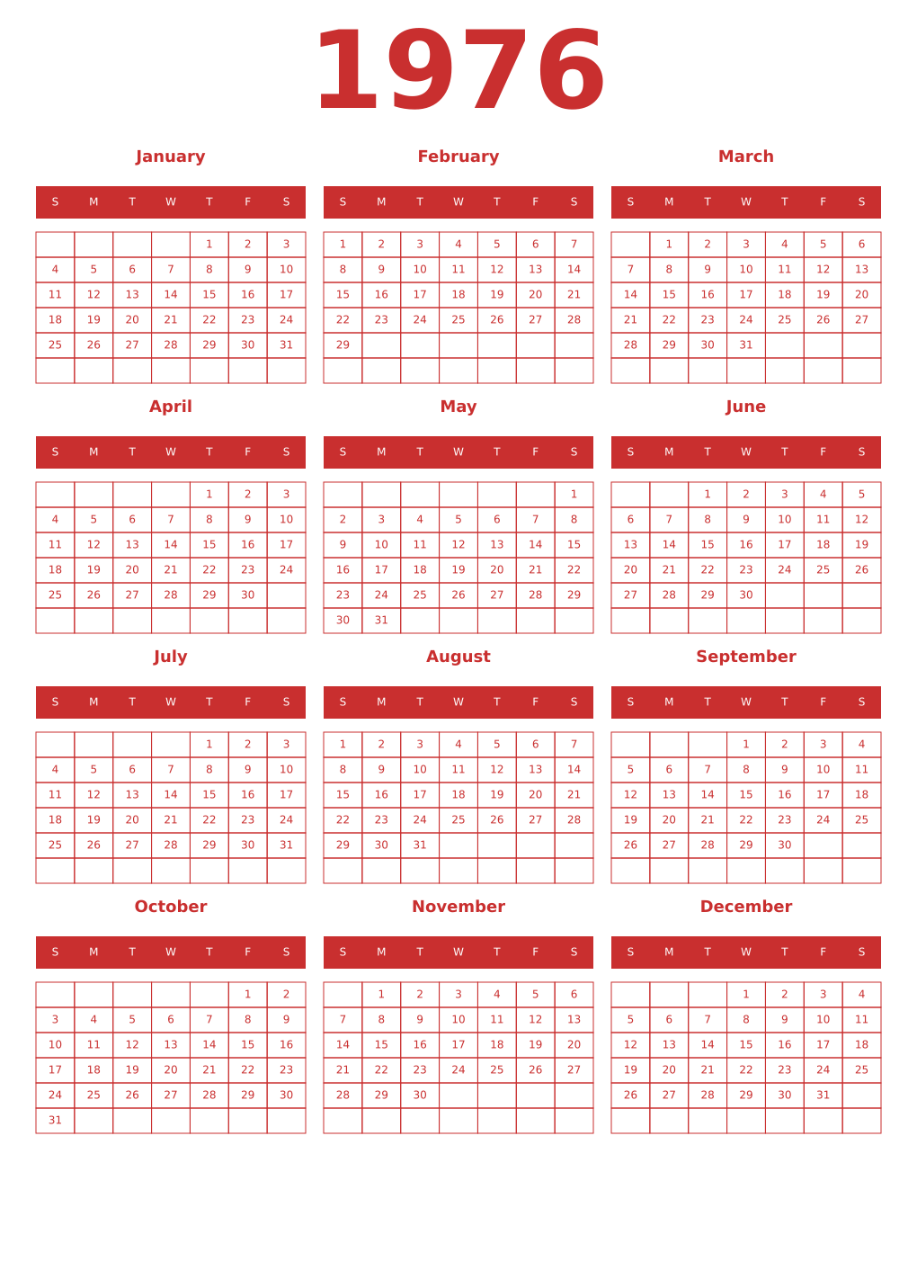 Printable 1976 Year Calendars red