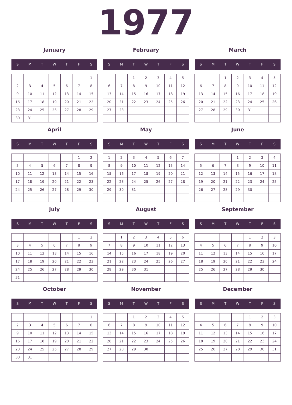 Printable 1977 Year Calendars aubergine